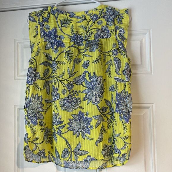 Loft Yellow with Blue Flowers Ruffle Sleeve Top Size Small - Picture 9 of 10